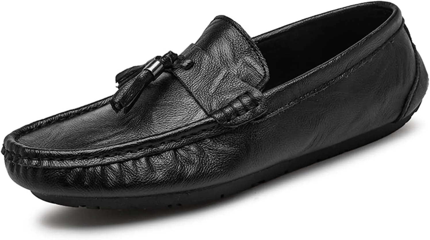 HOOENG Smoking Loafer Driving Moccasins for Men Genuine Leather Stitching Details Round Toe Tassel Resistant Flat Heel Flexible Lightweight Anti-Slip (Color : Black, Size : 10.5)