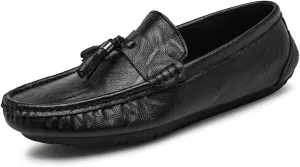 HOOENG Smoking Loafer Driving Moccasins for Men Genuine Leather Stitching Details Round Toe Tassel Resistant Flat Heel Flexible Lightweight Anti-Slip (Color : Black, Size : 10.5)
