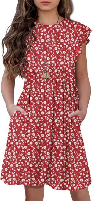 HOSIKA Girls Floral Dress Boho Ruffle Sleeve Pleated Casual Swing Dresses with Pockets for Kids 6-12 Years