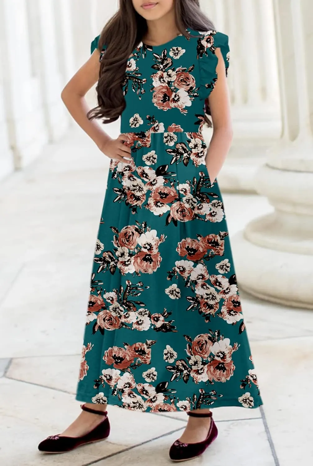 HOSIKA Girls Floral Maxi Dress Boho Ruffle Sleeve Pleated Casual A-line Swing Dresses with Pockets 6-12 Years