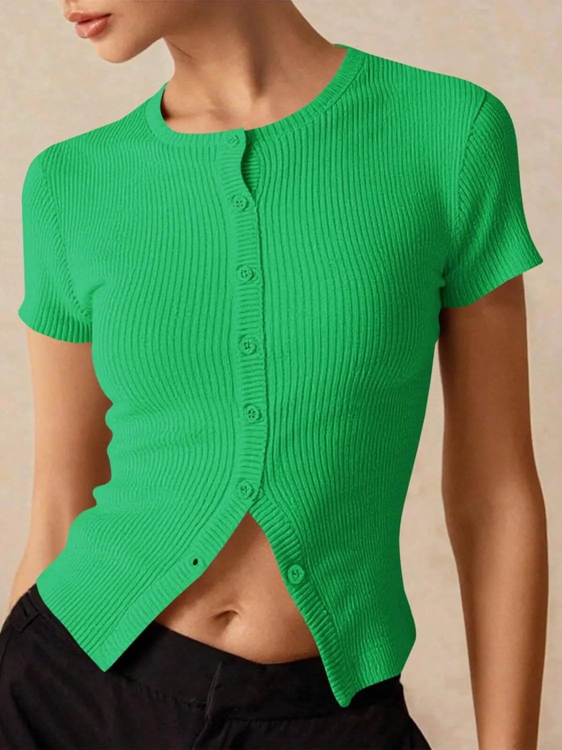 Imily Bela Womens Short Sleeve Sweater Tops Summer Button Down Casual Ribbed Knit Slim Fit Cropped Cardigan Shirts