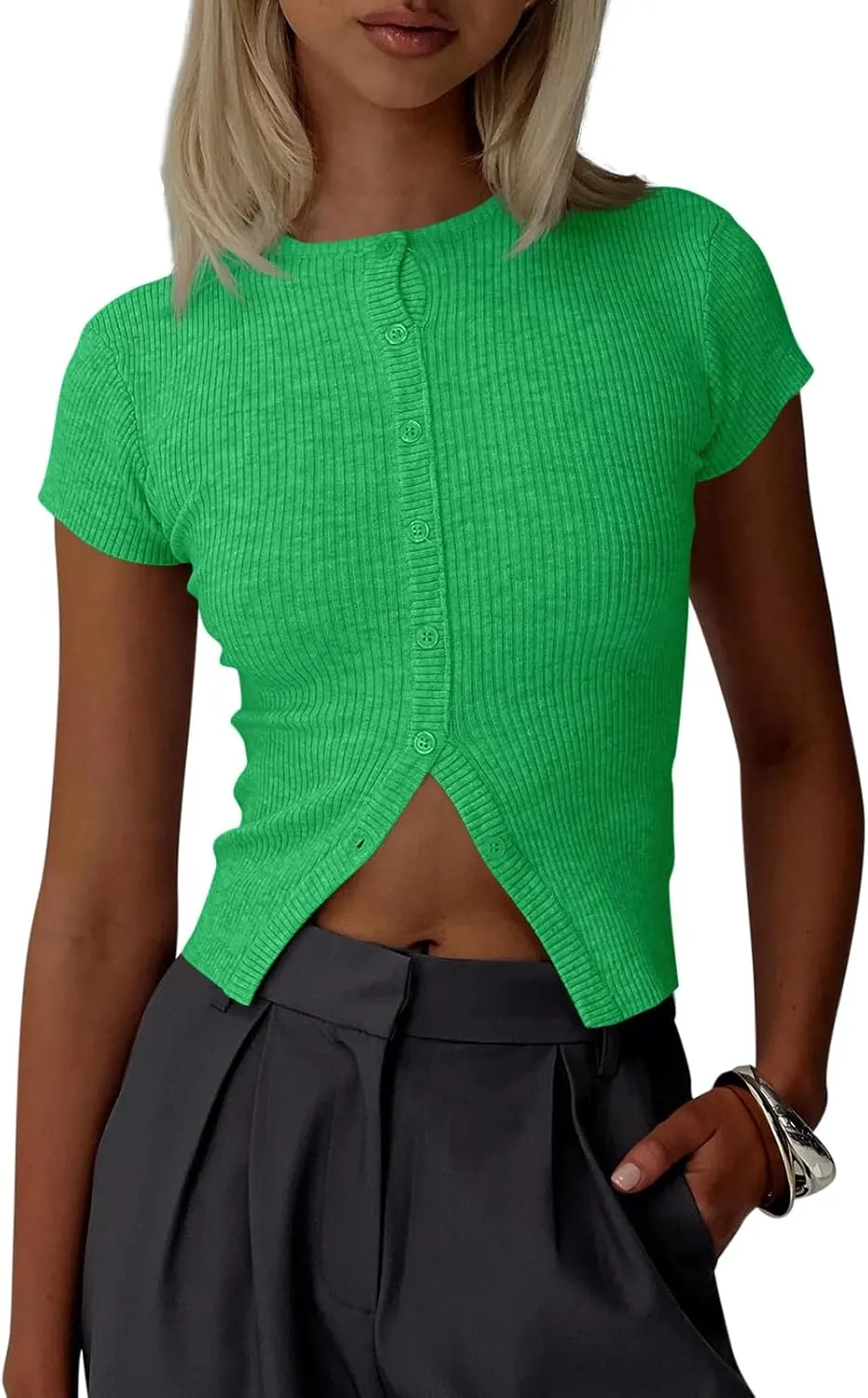 Imily Bela Womens Short Sleeve Sweater Tops Summer Button Down Casual Ribbed Knit Slim Fit Cropped Cardigan Shirts