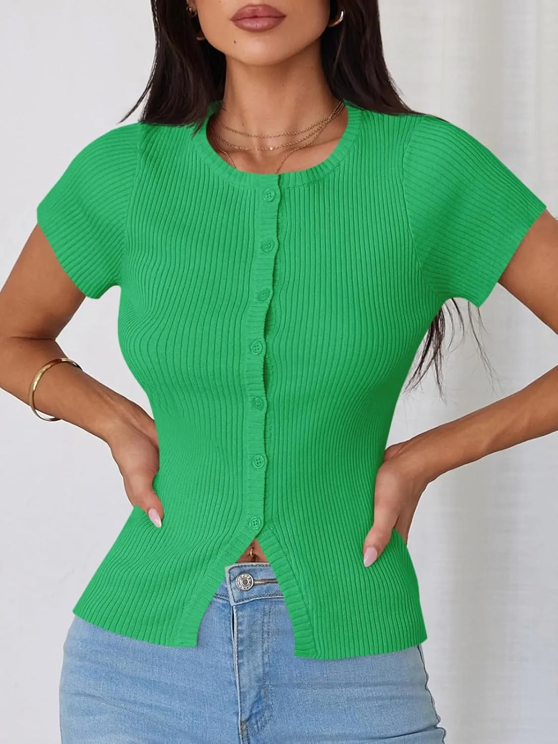 Imily Bela Womens Short Sleeve Sweater Tops Summer Button Down Casual Ribbed Knit Slim Fit Cropped Cardigan Shirts