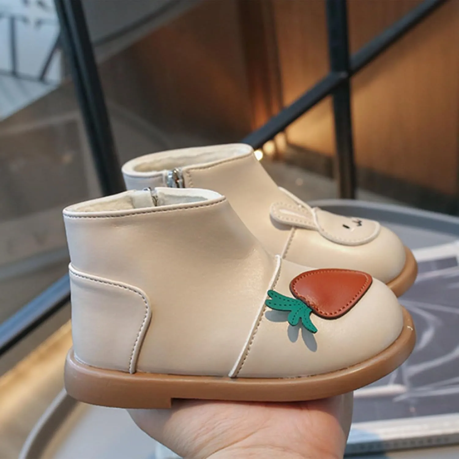 Infant Toddler Girls Cute Rabbit Platform Ankle Boots Round Wide Toe Leather Fleece Warm Non Slip Lined Snow Shoes