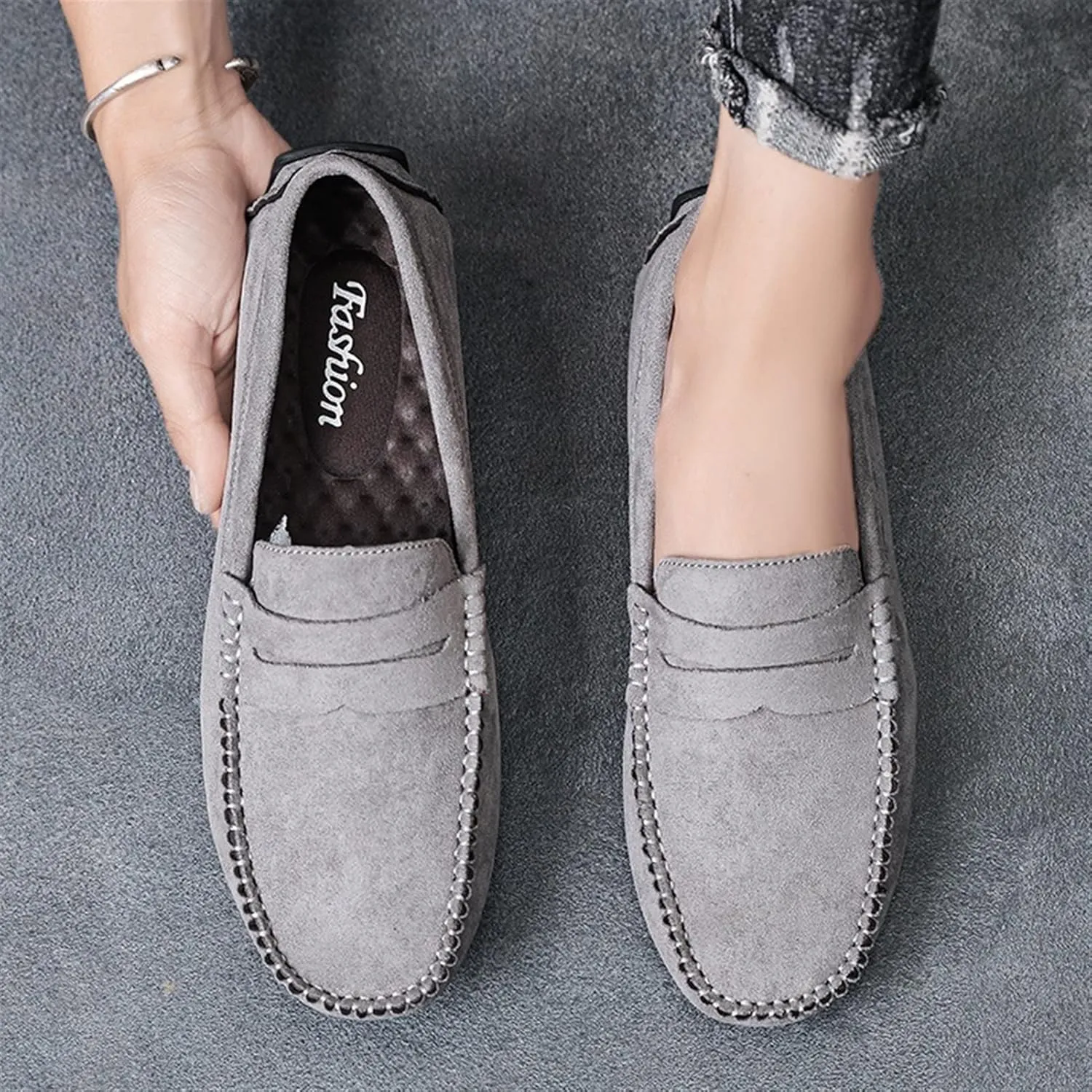 JIADELI Mens Loafers Suede Vamp Penny Loafer Stitching Details Round Toe Anti-Slip Resistant Flat Heel Outdoor Slip On