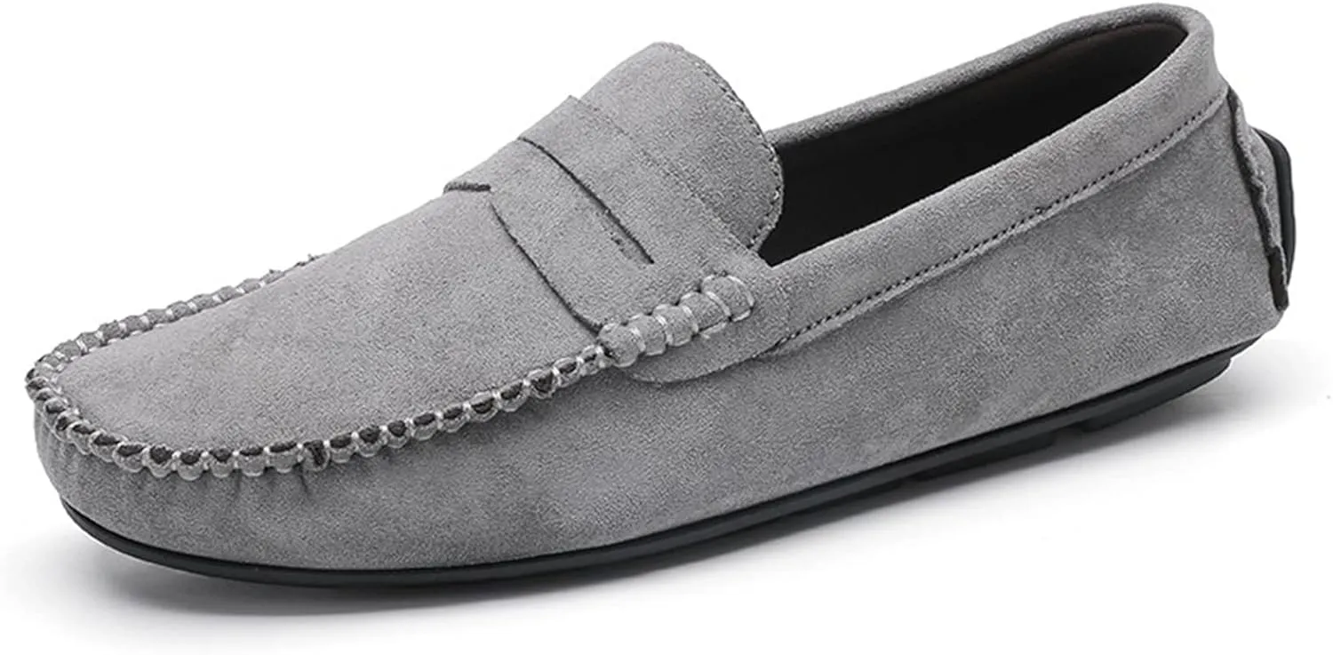 JIADELI Mens Loafers Suede Vamp Penny Loafer Stitching Details Round Toe Anti-Slip Resistant Flat Heel Outdoor Slip On