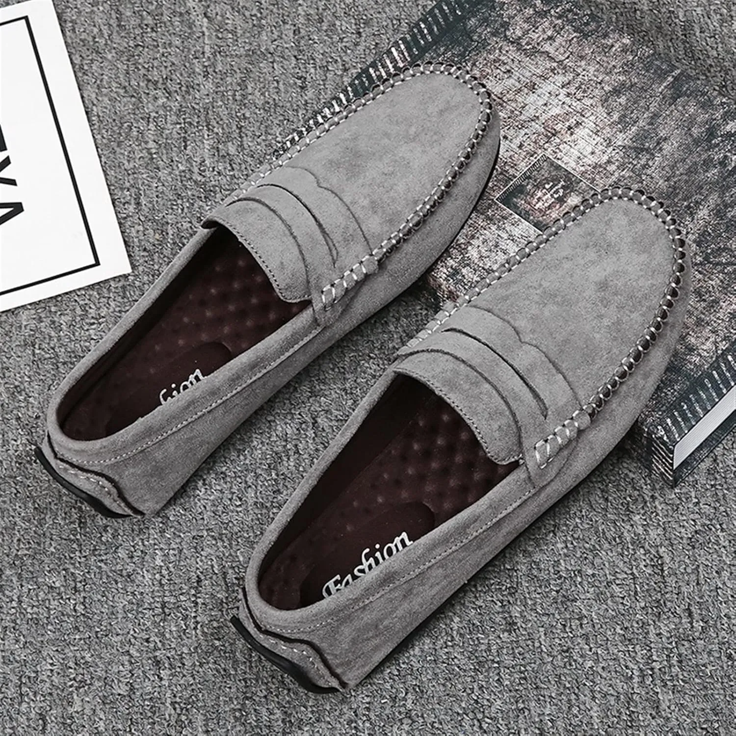 JIADELI Mens Loafers Suede Vamp Penny Loafer Stitching Details Round Toe Anti-Slip Resistant Flat Heel Outdoor Slip On