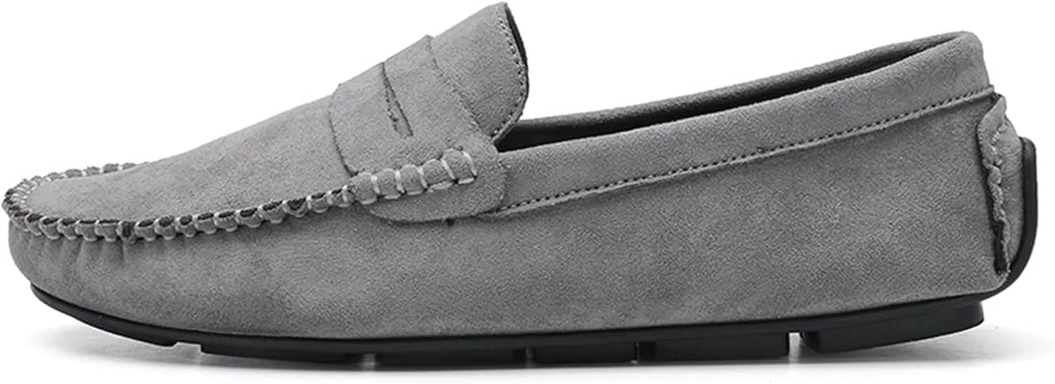 JIADELI Mens Loafers Suede Vamp Penny Loafer Stitching Details Round Toe Anti-Slip Resistant Flat Heel Outdoor Slip On