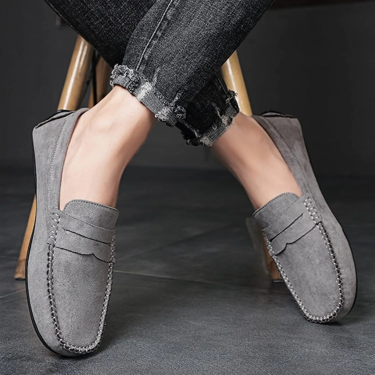 JIADELI Mens Loafers Suede Vamp Penny Loafer Stitching Details Round Toe Anti-Slip Resistant Flat Heel Outdoor Slip On