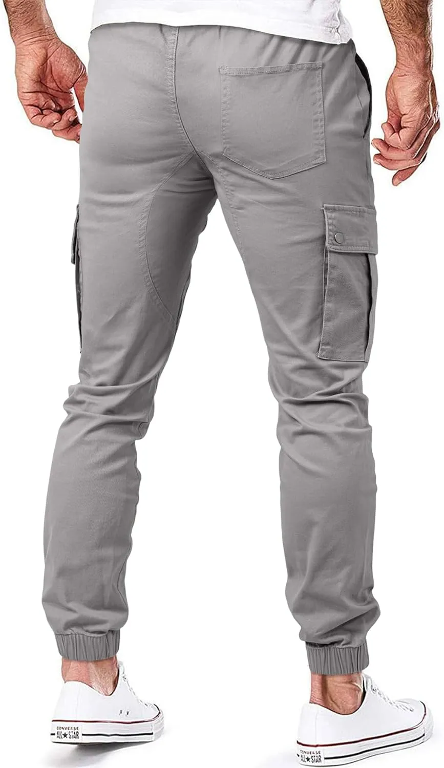 JMIERR Men's Casual Cargo Pants Cotton Tapered Stretch Twill Drawstring Trousers with Multiple Pockets