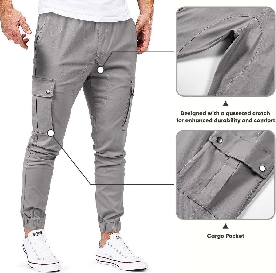 JMIERR Men's Casual Cargo Pants Cotton Tapered Stretch Twill Drawstring Trousers with Multiple Pockets