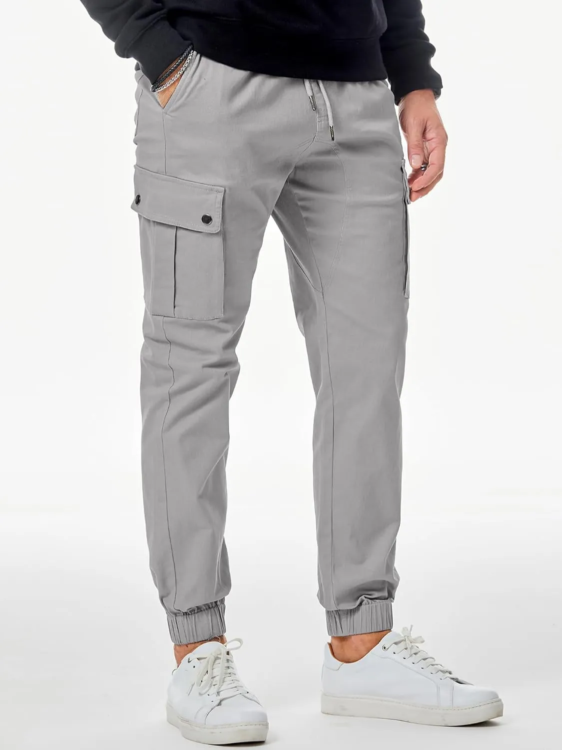 JMIERR Men's Casual Cargo Pants Cotton Tapered Stretch Twill Drawstring Trousers with Multiple Pockets