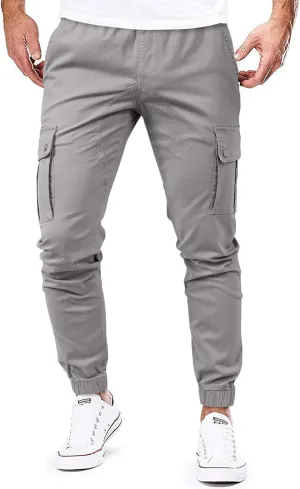 JMIERR Men's Casual Cargo Pants Cotton Tapered Stretch Twill Drawstring Trousers with Multiple Pockets