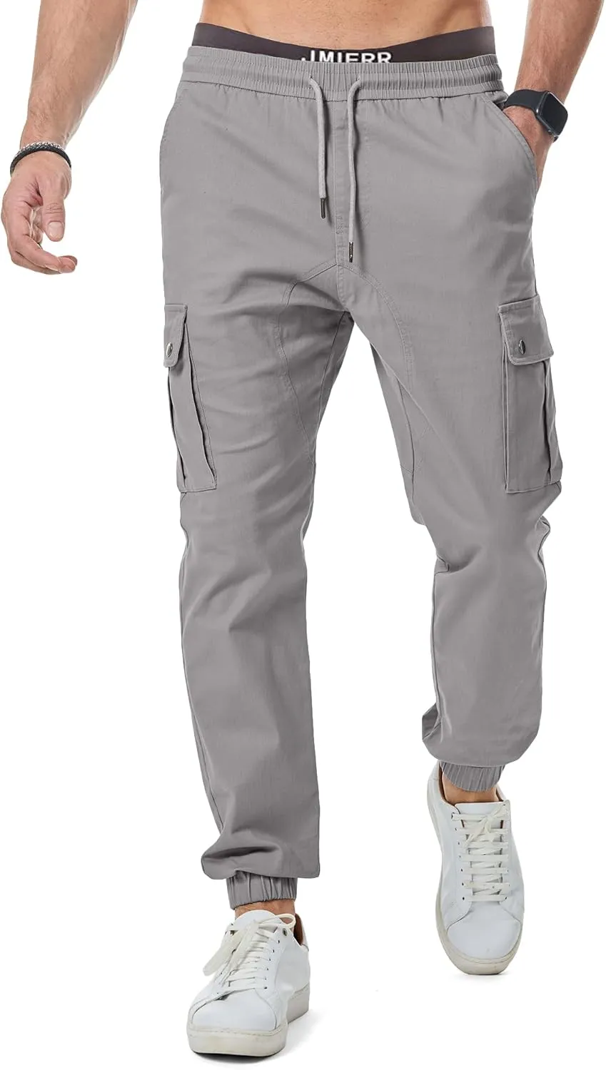 JMIERR Men's Casual Cargo Pants Cotton Tapered Stretch Twill Drawstring Trousers with Multiple Pockets