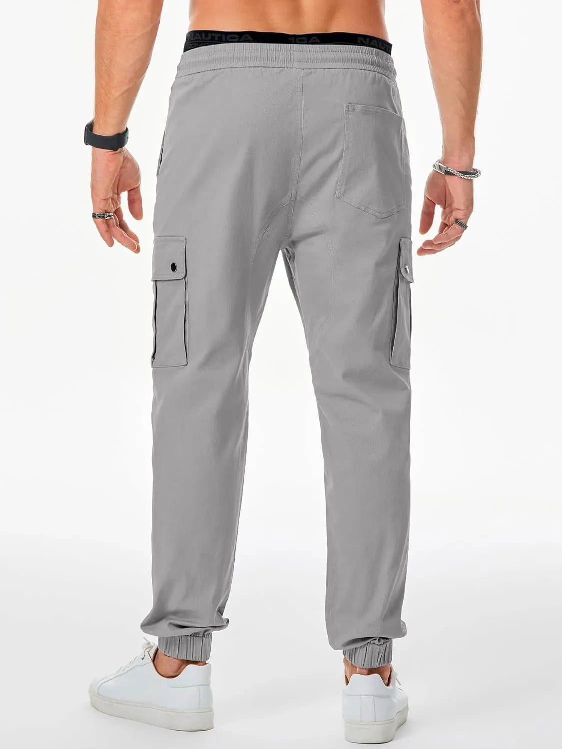 JMIERR Men's Casual Cargo Pants Cotton Tapered Stretch Twill Drawstring Trousers with Multiple Pockets