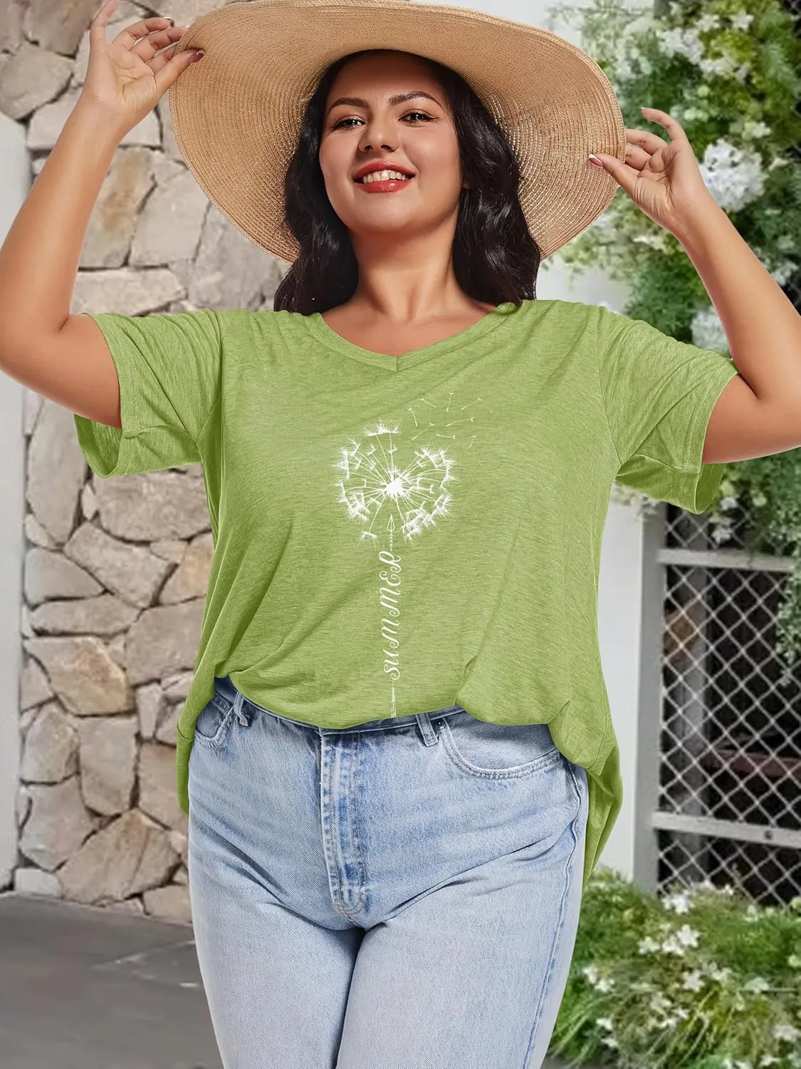 JOELLYUS Plus Size Tops for Women Summer Top Loose Fit Tee Shirts V Neck Short Sleeve Blouse