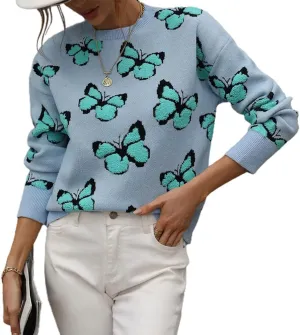 JUNBOON Womens Casual Leopard Print Knitted Pullover Sweaters Long Sleeve Crew Neck Jumper Tops