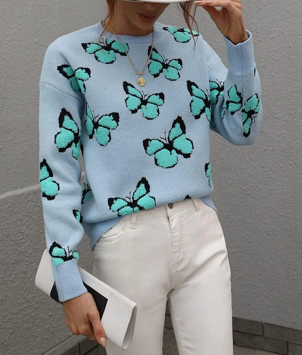 JUNBOON Womens Casual Leopard Print Knitted Pullover Sweaters Long Sleeve Crew Neck Jumper Tops