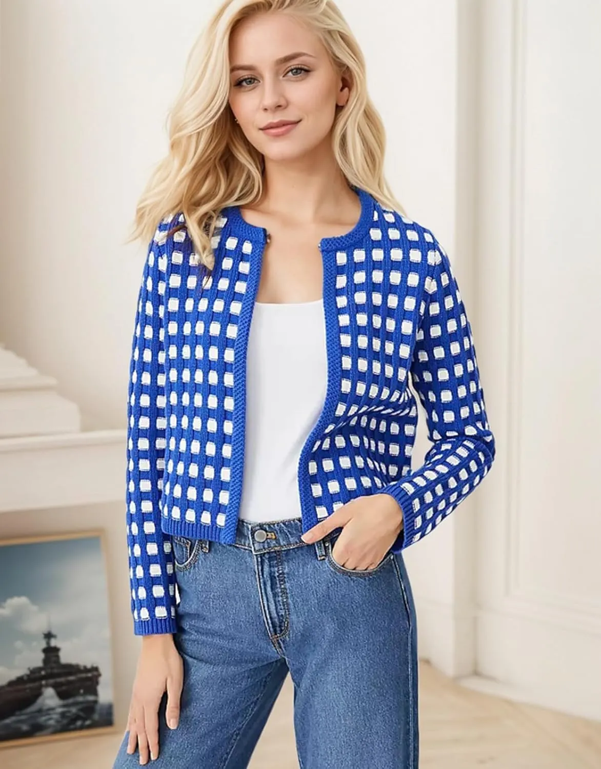 Kedera Women's Knit Crop Cardigans Long Sleeve Plaid Sweater Open Front Cable Crew Neck Button Sweaters