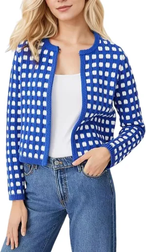 Kedera Women's Knit Crop Cardigans Long Sleeve Plaid Sweater Open Front Cable Crew Neck Button Sweaters