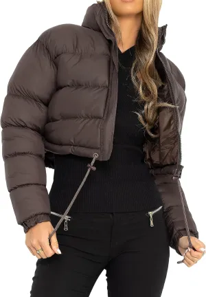 Kissonic Womens Cropped Puffer Jacket, Winter Puffer Jacket Packable Long Sleeve Zip Short Warm Down Coat with Drawstring