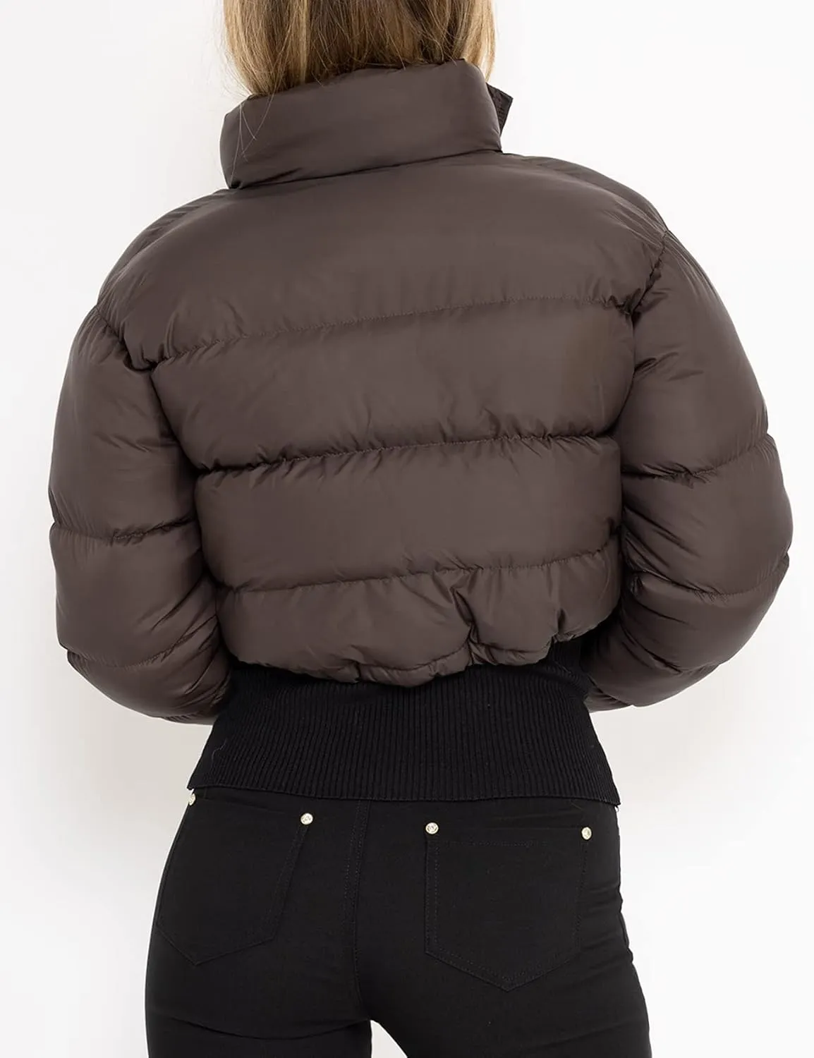 Kissonic Womens Cropped Puffer Jacket, Winter Puffer Jacket Packable Long Sleeve Zip Short Warm Down Coat with Drawstring