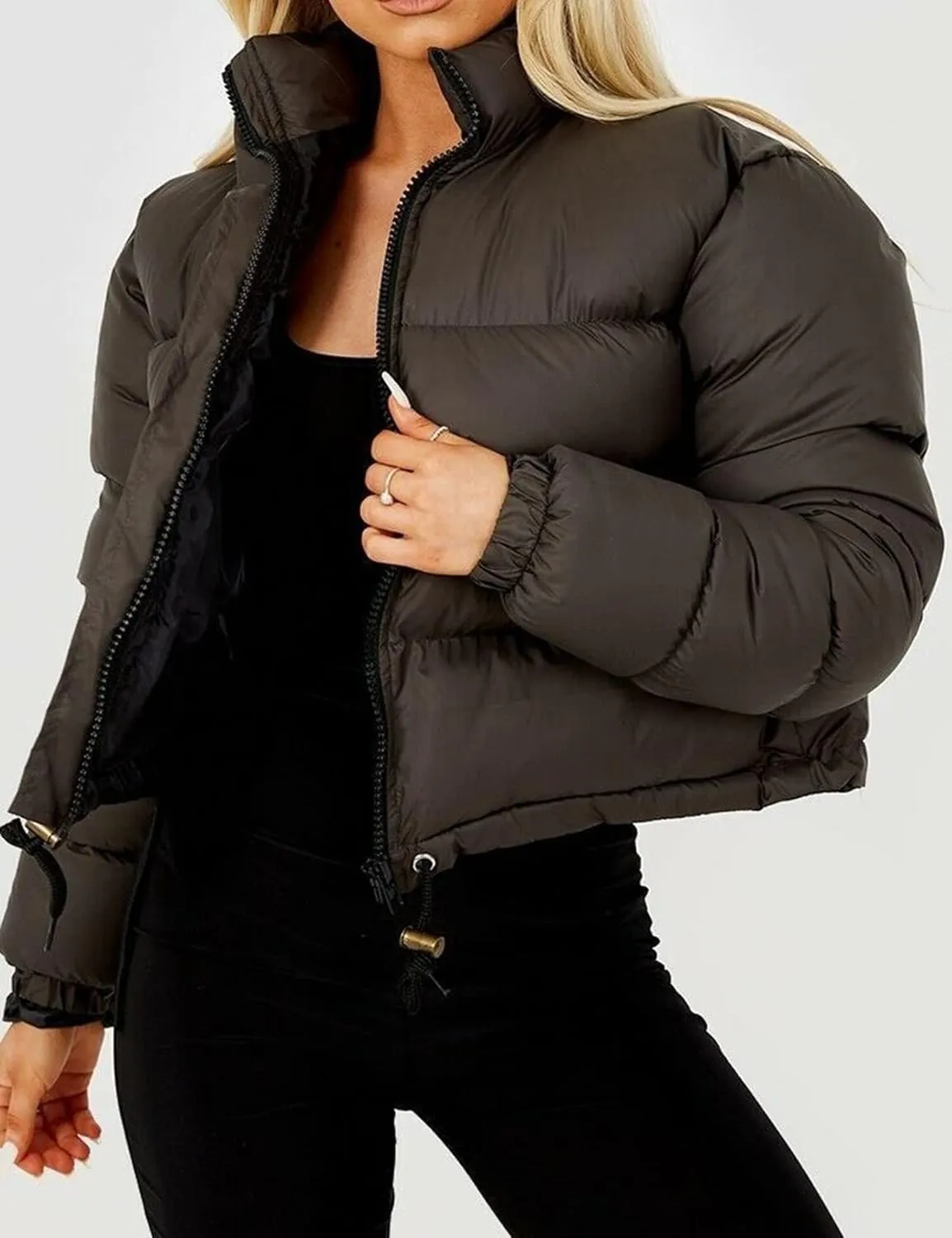 Kissonic Womens Cropped Puffer Jacket, Winter Puffer Jacket Packable Long Sleeve Zip Short Warm Down Coat with Drawstring