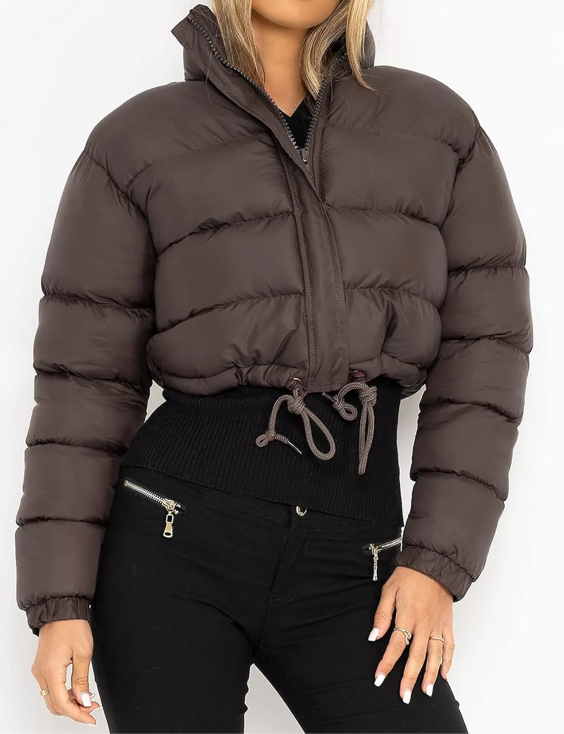 Kissonic Womens Cropped Puffer Jacket, Winter Puffer Jacket Packable Long Sleeve Zip Short Warm Down Coat with Drawstring