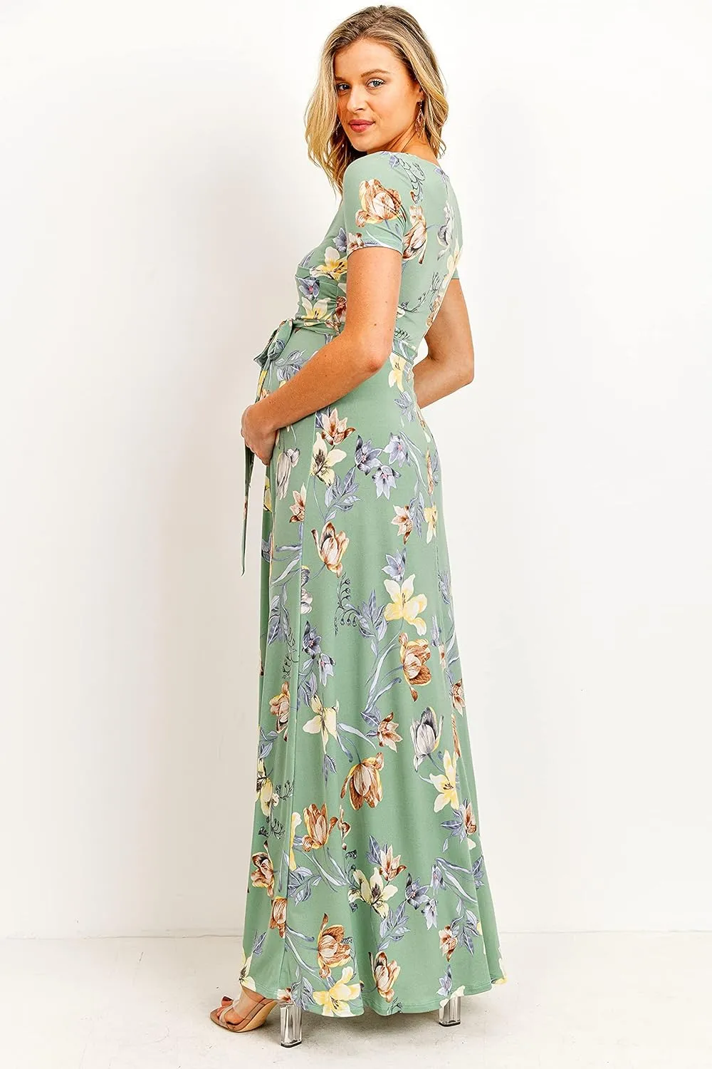 LaClef Women's Faux Wrap Maternity Maxi Dress with Adjustable Belt
