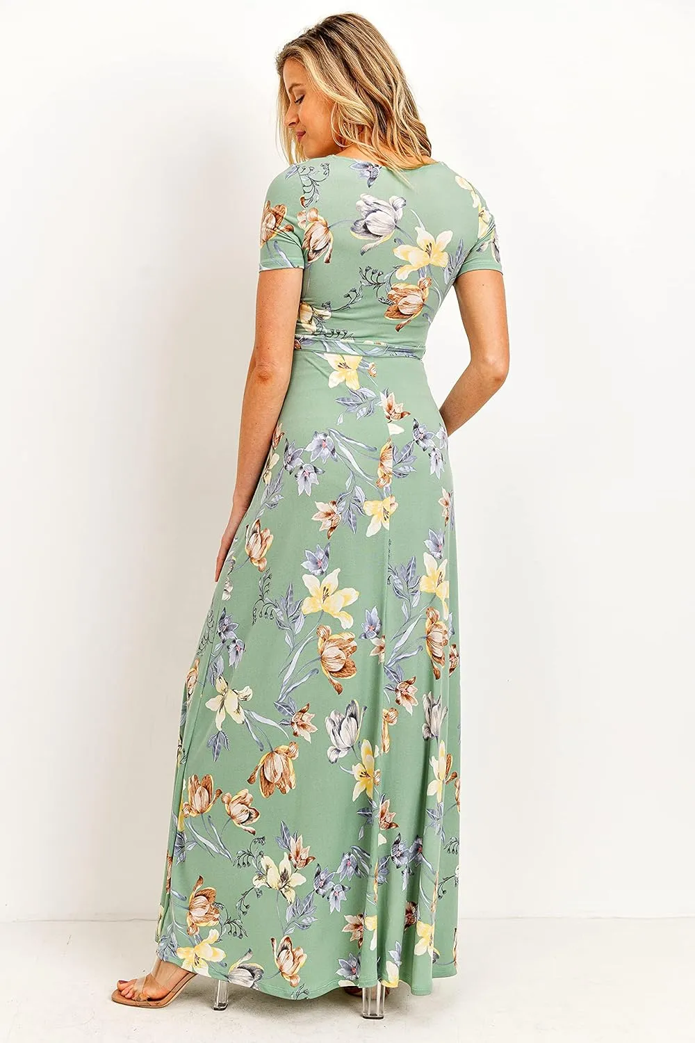 LaClef Women's Faux Wrap Maternity Maxi Dress with Adjustable Belt