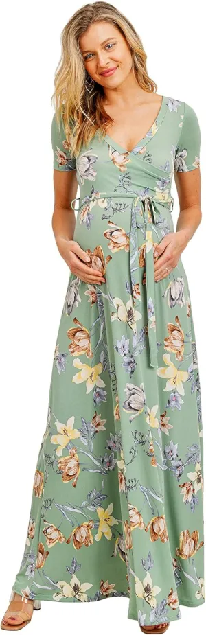 LaClef Women's Faux Wrap Maternity Maxi Dress with Adjustable Belt