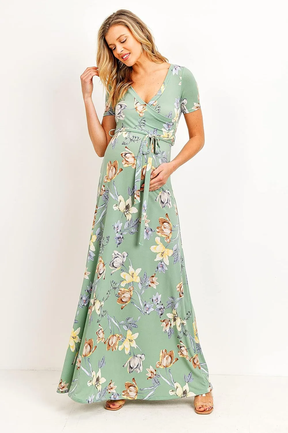LaClef Women's Faux Wrap Maternity Maxi Dress with Adjustable Belt