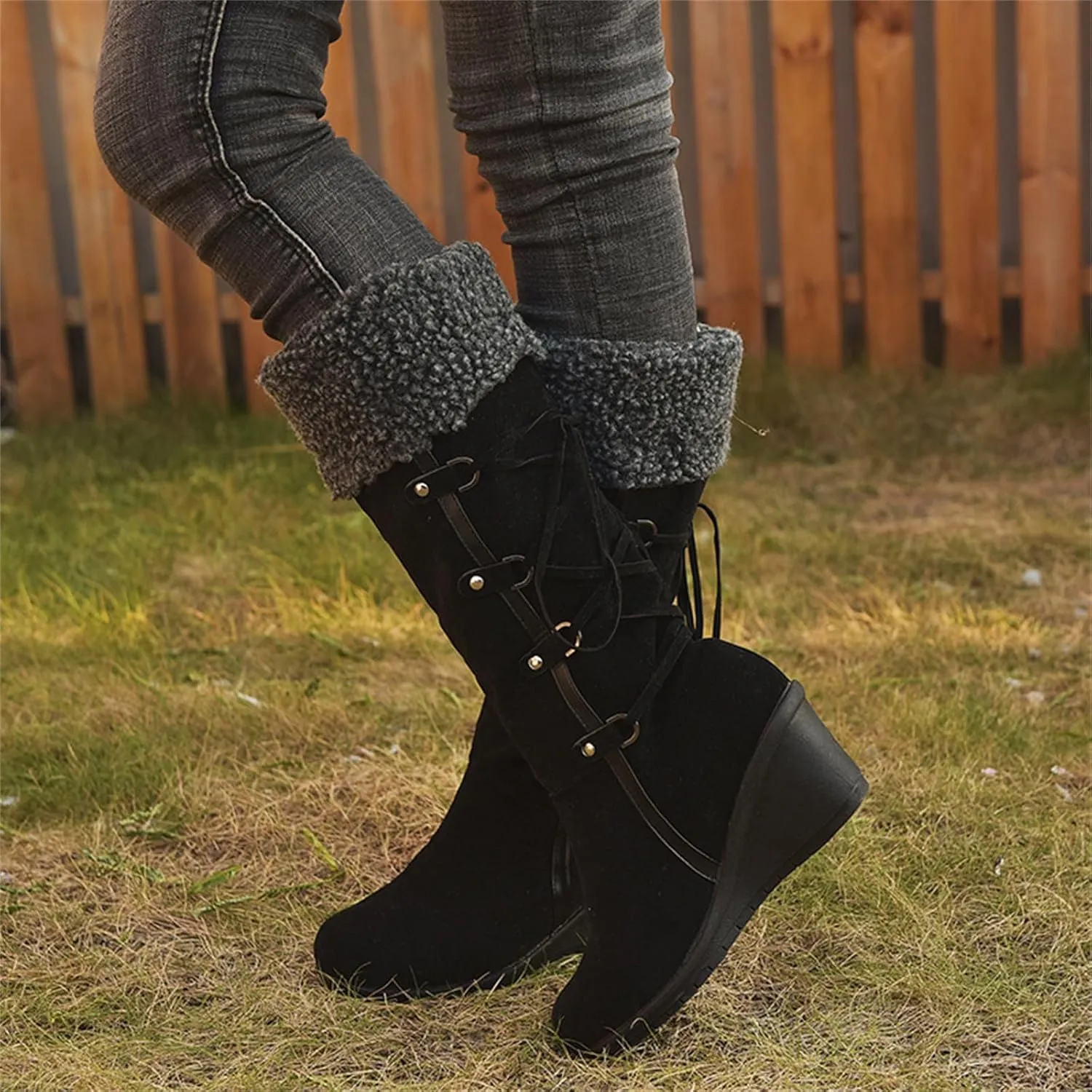 Ladmiple Snow Boots For Women Tall Mid Calf Winter Boots Classic Faux Fur Lined Slip On Fashion Casual Outdoor Warm Shoes