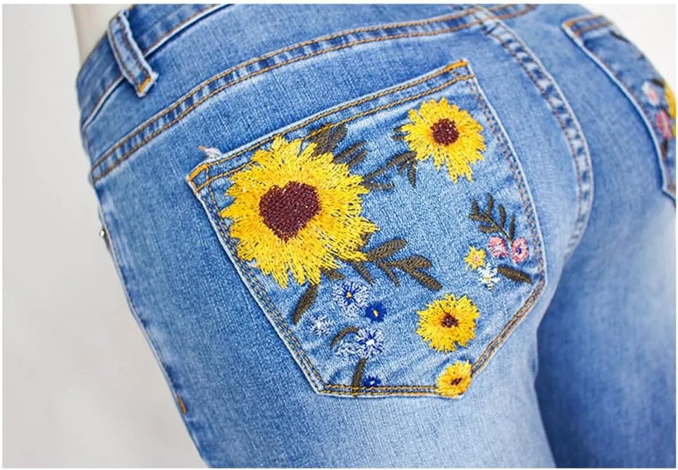 LAFOURAM Bell Bottom Jeans for Women High Waist Flared Wide Leg Floral Embroidered Denim Pants