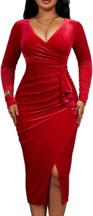 LAGSHIAN Women's Elegant Velvet Long Sleeve V Neck Bodycon Ruched Ruffle Split Cocktail Midi Dress