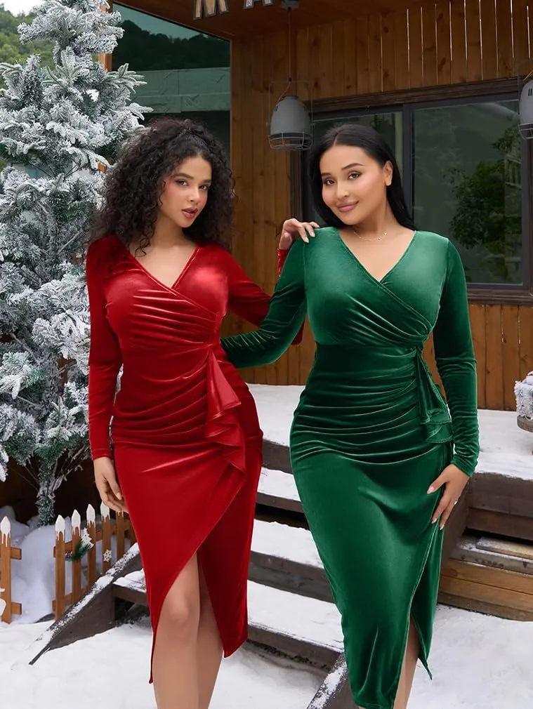 LAGSHIAN Women's Elegant Velvet Long Sleeve V Neck Bodycon Ruched Ruffle Split Cocktail Midi Dress