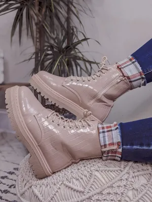Light Taupe Croc Combat Boots