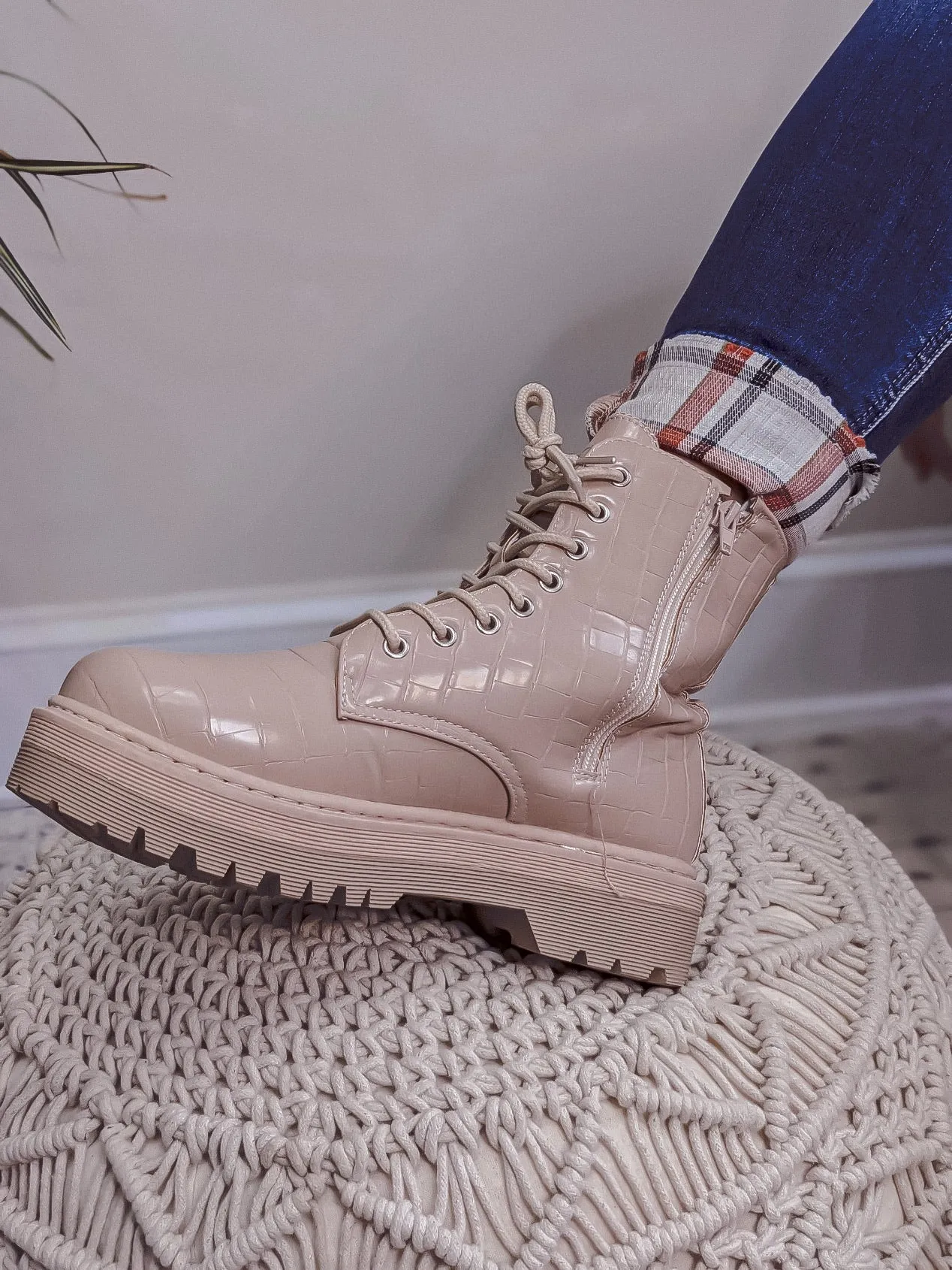 Light Taupe Croc Combat Boots