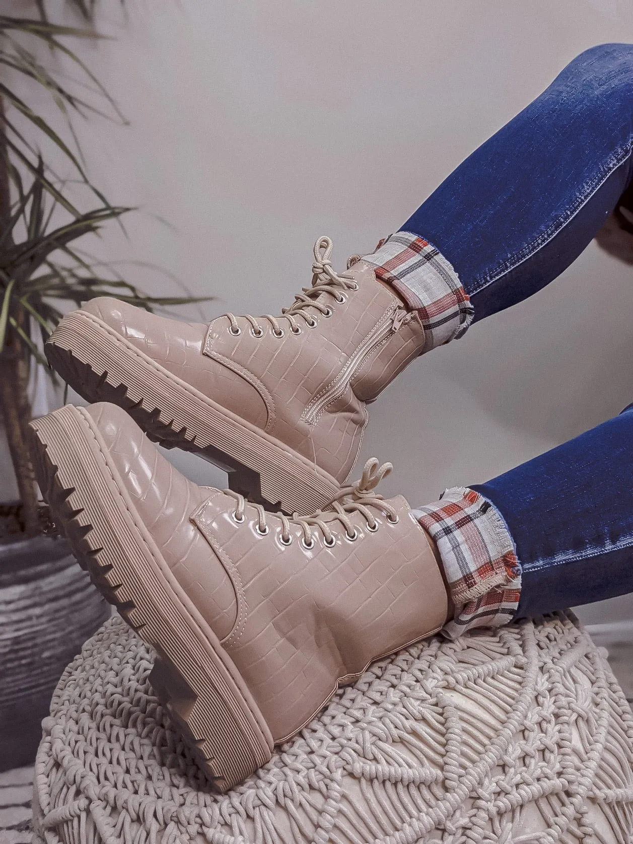 Light Taupe Croc Combat Boots