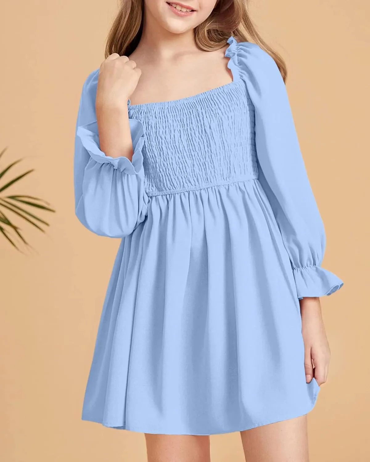 Little Girls Kids Summer Chiffon Ruffle Mini Dress Square Neck Lantern Sleeve Short Dress Tulle Smocked