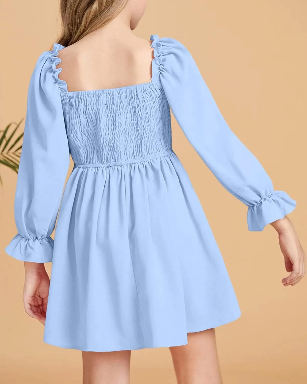 Little Girls Kids Summer Chiffon Ruffle Mini Dress Square Neck Lantern Sleeve Short Dress Tulle Smocked