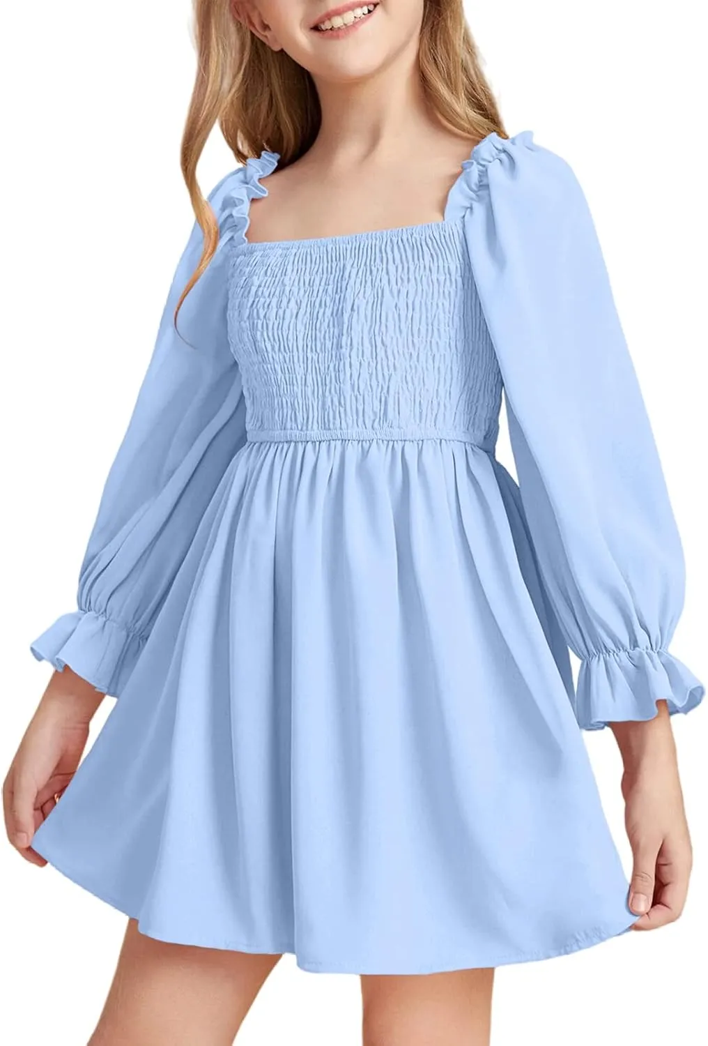 Little Girls Kids Summer Chiffon Ruffle Mini Dress Square Neck Lantern Sleeve Short Dress Tulle Smocked