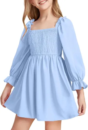 Little Girls Kids Summer Chiffon Ruffle Mini Dress Square Neck Lantern Sleeve Short Dress Tulle Smocked