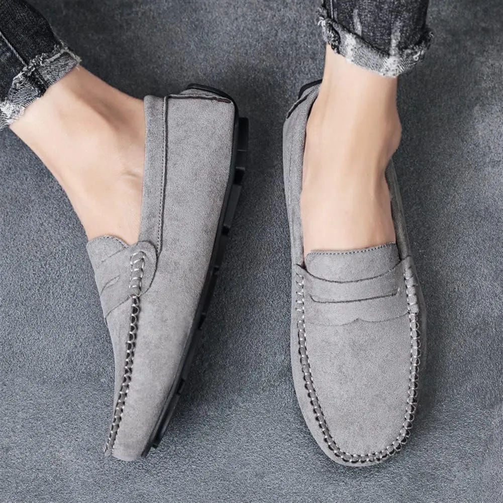 Loafer Shoes Driving Moccasins for Men Genuine Leather Round Toe Suede Vamp Penny Loafer Lightweight Anti-Slip Resistant Flat Heel Flexible Outdoor for Any Attire