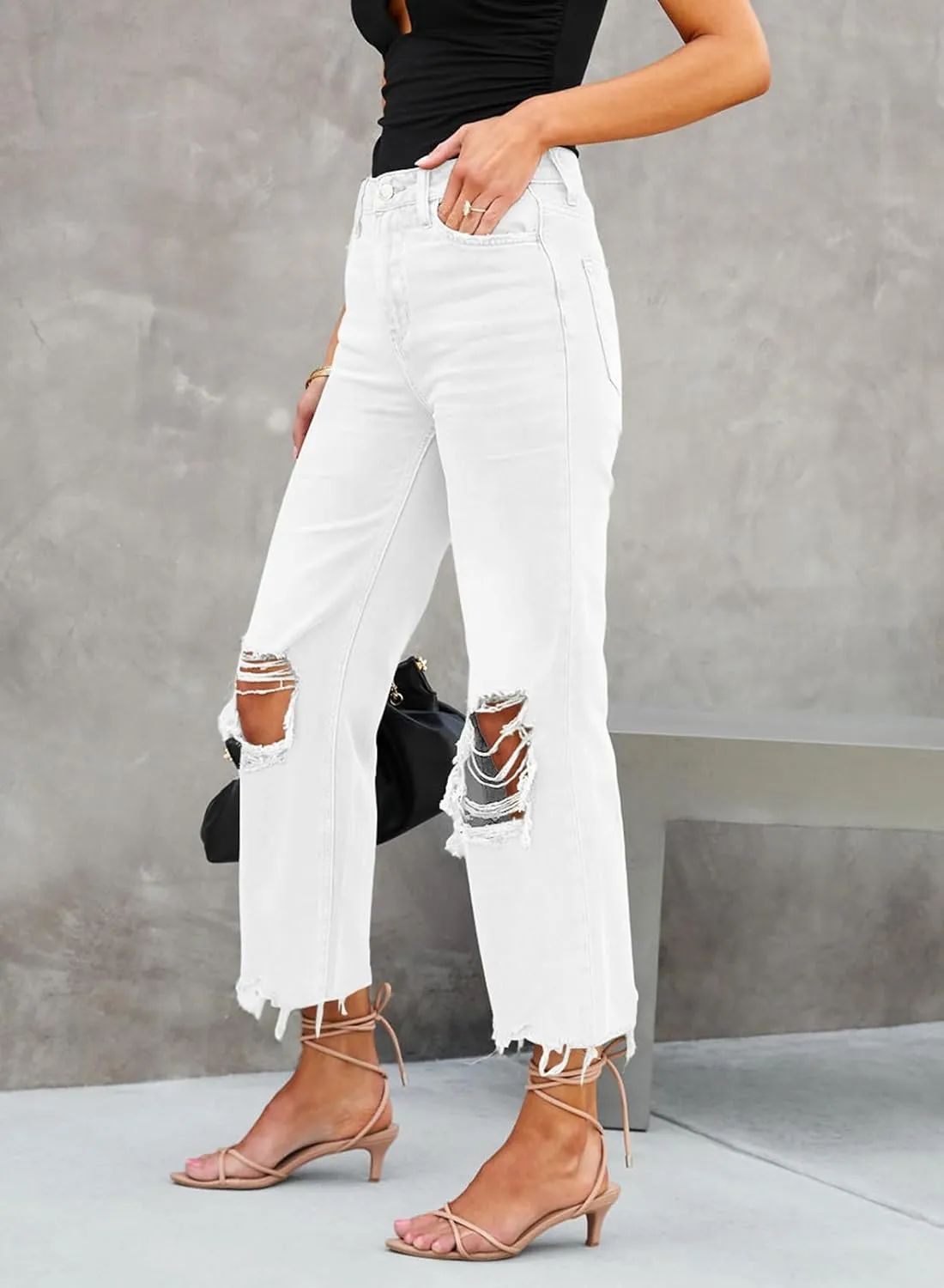 LOLONG High Waisted Ripped Flare Jeans for Women Casual Distressed Pants