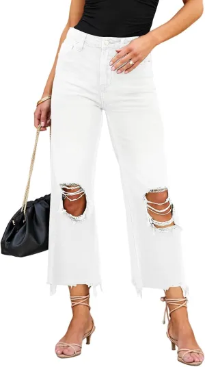 LOLONG High Waisted Ripped Flare Jeans for Women Casual Distressed Pants