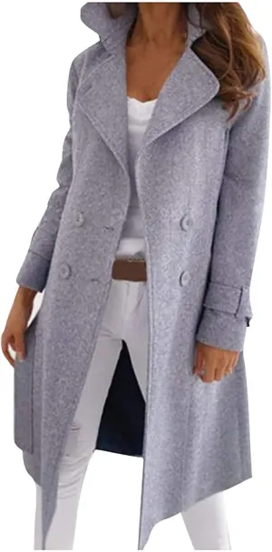 Long Winter Coats for Women Casual Notched Lapel Singe-Breasted Pea Coat Wool Blend Trench Coat With Pockets
