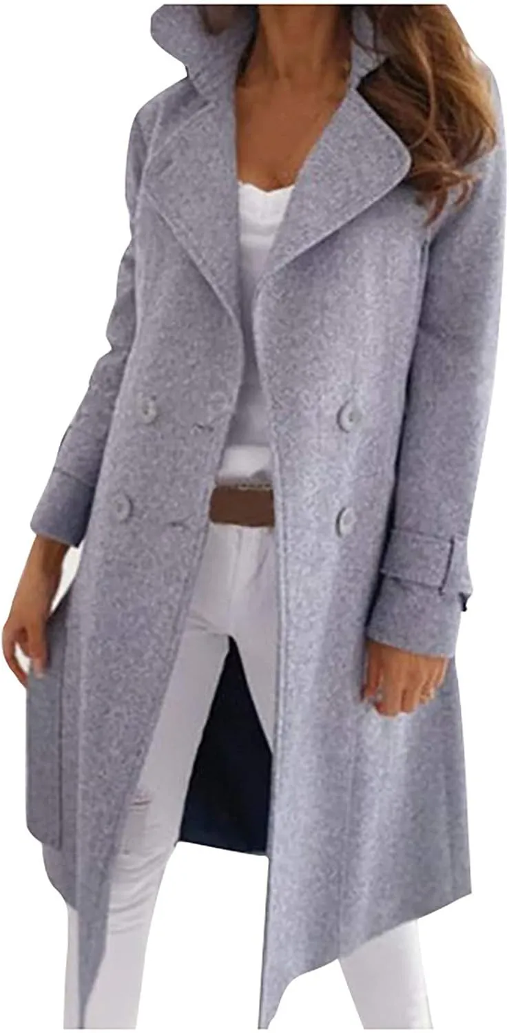 Long Winter Coats for Women Casual Notched Lapel Singe-Breasted Pea Coat Wool Blend Trench Coat With Pockets