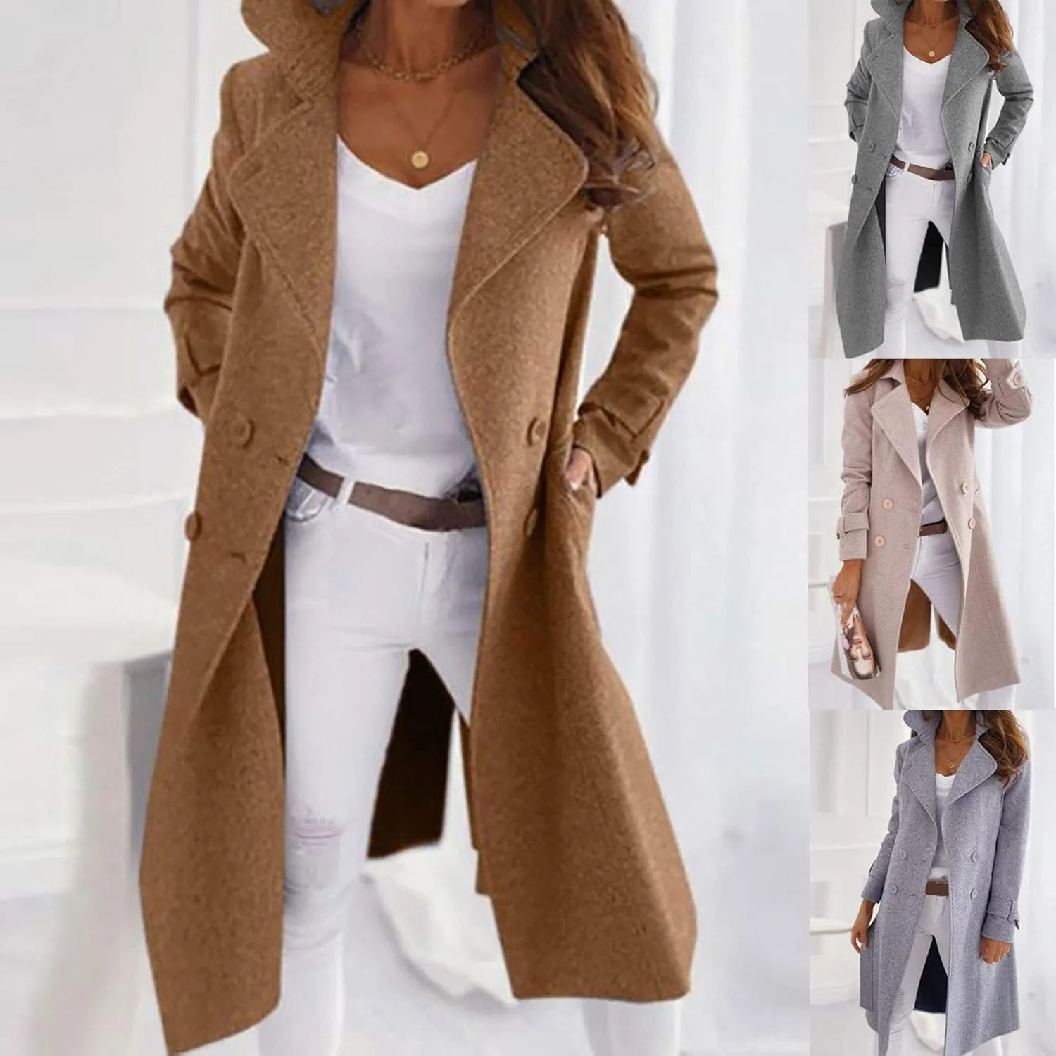 Long Winter Coats for Women Casual Notched Lapel Singe-Breasted Pea Coat Wool Blend Trench Coat With Pockets