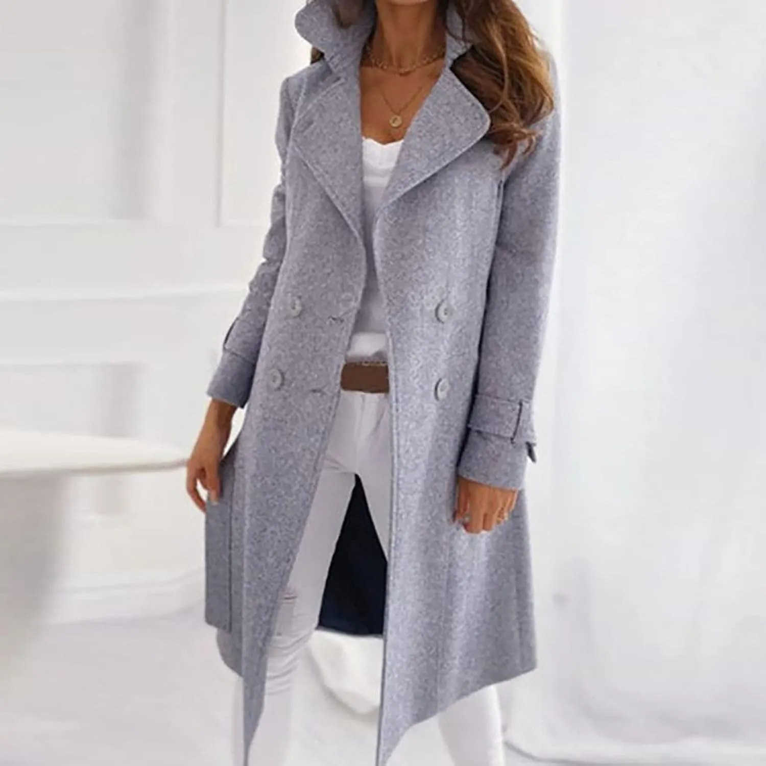 Long Winter Coats for Women Casual Notched Lapel Singe-Breasted Pea Coat Wool Blend Trench Coat With Pockets